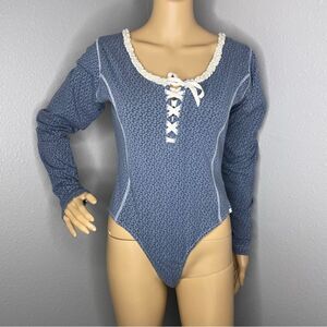 Vintage Pepe Jeans Bodysuit Floral Blue Cream Corset and Lace Detail Size Large